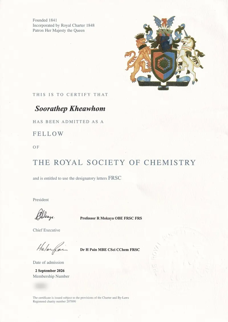 Certificate of admission as a Fellow of the Royal Society of Chemistry, Soorathep Kheawhom, 2 September 2026